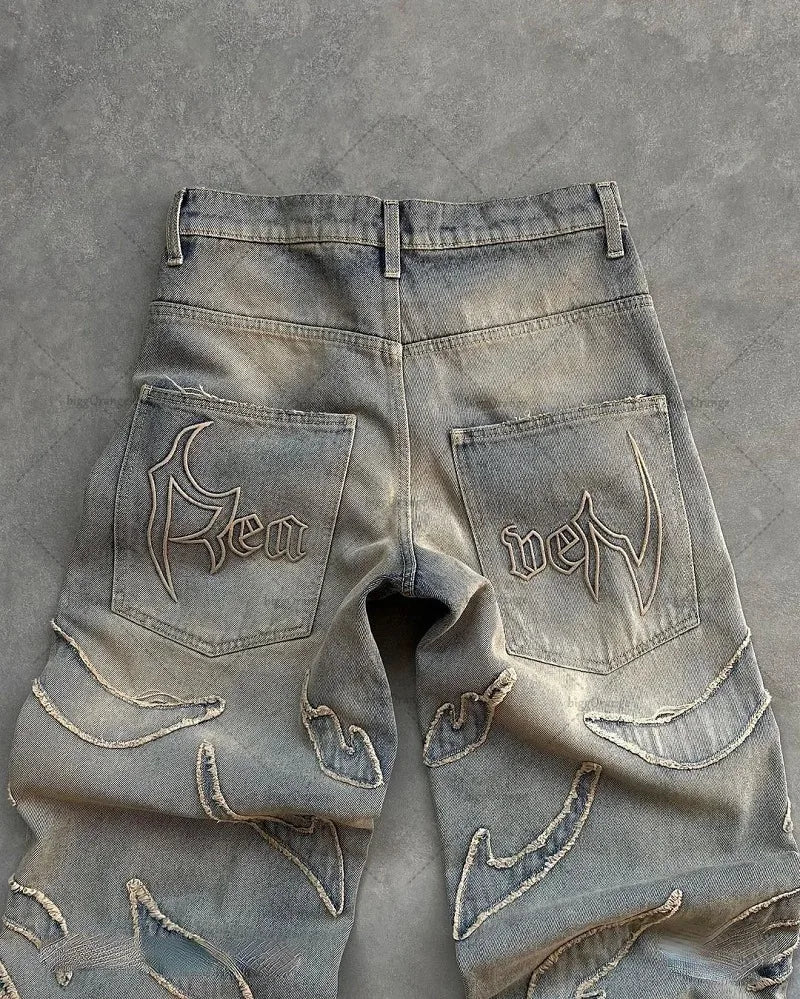 New Street Hip-hop Raw Edge Washed High-waisted Jeans Y2k Men