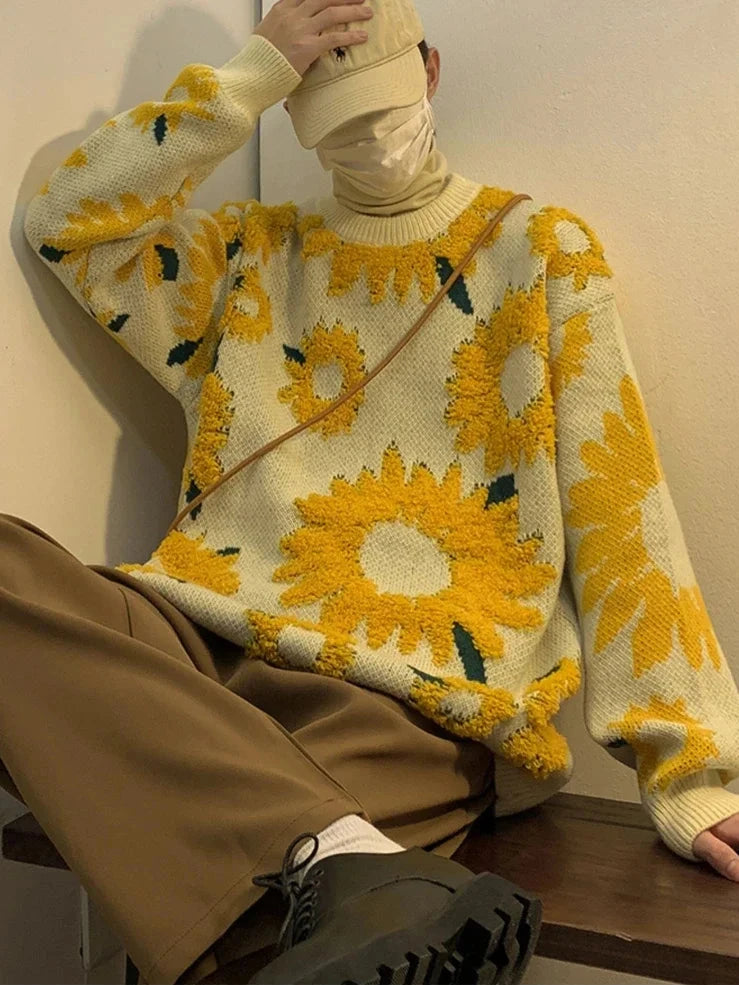 Flocking Floral Sweaters Baggy